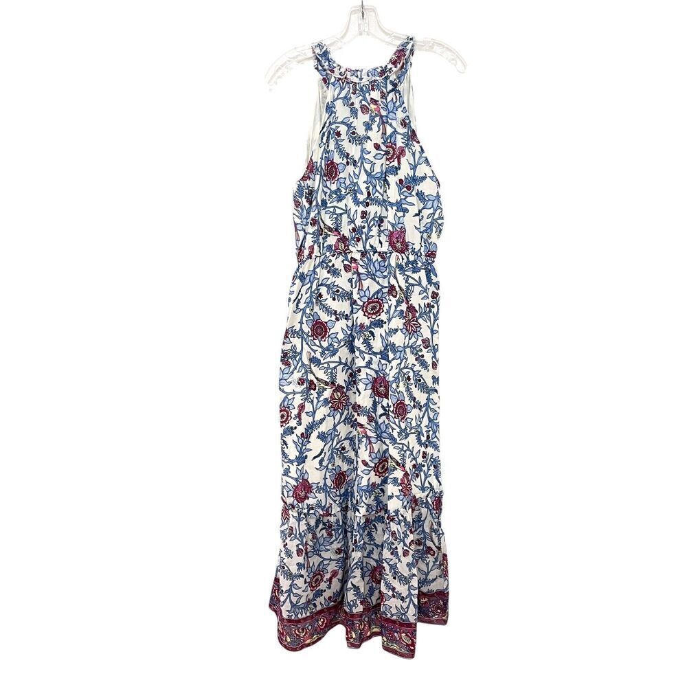 J. Crew Gulp Floral Bird Printed Midi Dress boho Cotton tiered SZ 12 - Picture 3 of 10